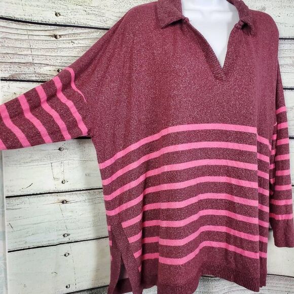 Maurices Women’s Plus 1X Burgundy Striped Collared Long Sleeve Top - Picture 4 of 7